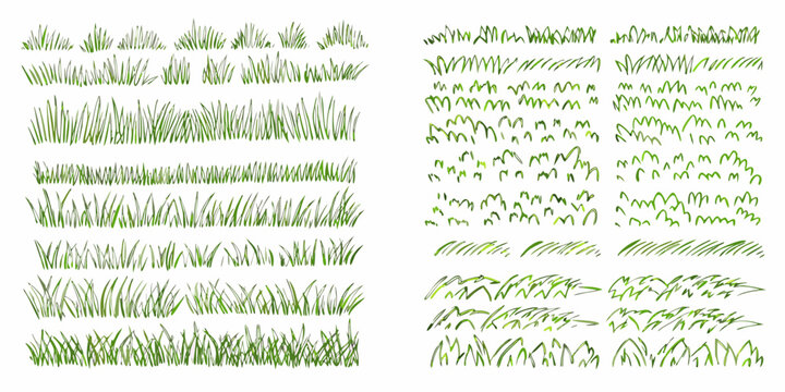 Collection of various green grass textures and patterns arranged in rows