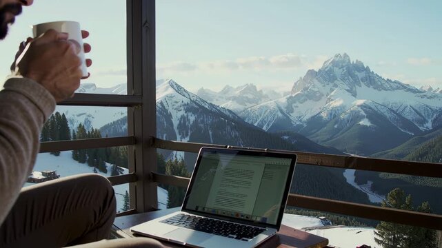 Founder reviews financial report on laptop while sipping coffee at mountain retreat. Solo work, strategic thinking, quiet success. For startup incubators, business podcasts, or founder storytelling.