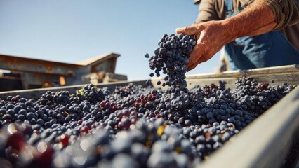 Naklejka premium A hand holds a bunch of dark grapes over a large bin filled with harvested purple grapes. Concept Harvested grapes, Hand holding grapes, Bin of purple grapes, Fresh produce photography