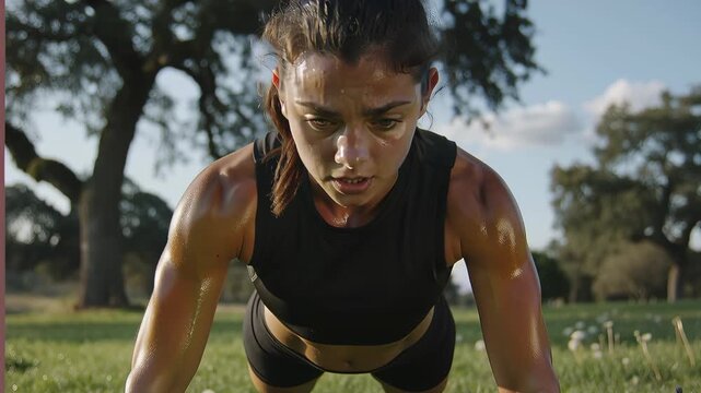 Woman holds plank position on grass, core engaged, sweat visible on temples and shoulders; outdoor workout natural light shallow depth. Fotage for gym apps sportswear brands athletic training content.