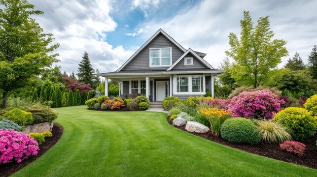 Beautiful home with lush landscaping and a vibrant green lawn on a sunny day
