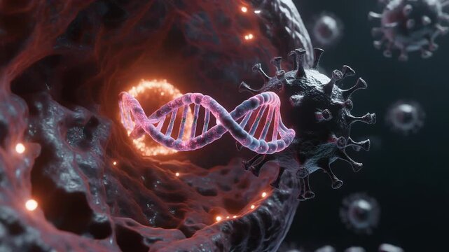 DNA helix surrounded by virus particles in a dark environment, viewed from a close-up perspective, in a video format.