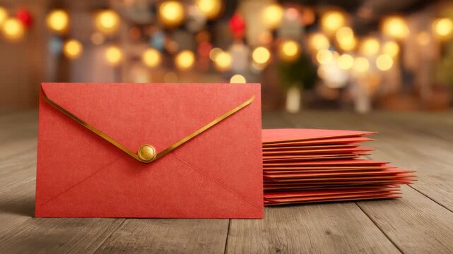 Red envelopes with golden seal on wooden table