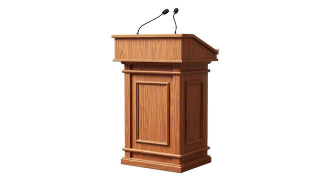 Wooden podium with microphones and black background