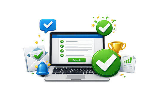 Online form completion success with check marks and trophy