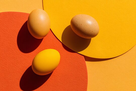 Monochromatic Easter flat lay with yellow and orange eggs. Modern abstract composition on a textured geometric background with hard shadows
