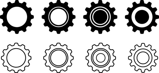 Set of modern gear icons in black and white for business and technology designs
