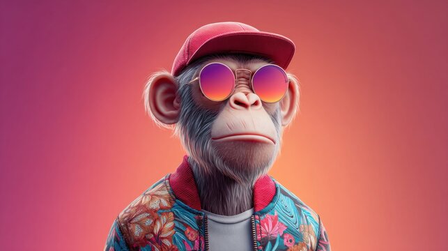 Stylish ape wearing sunglasses and a baseball cap against a vibrant gradient background