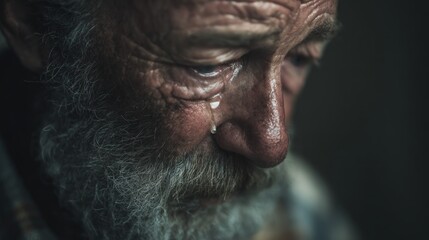 Obraz premium Elderly man with gray beard and tear on cheek gazes downward, showing signs of emotion in a dimly lit indoor setting with soft shadows