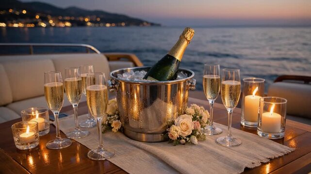 Romantic seaside table with champagne glasses and candlelight at dusk, overlooking calm water and glowing city lights for an elegant evening celebration.	