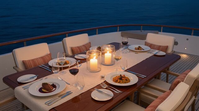 Elegant candlelit dinner table set on yacht deck at sea, representing luxury dining, romantic travel experience, and exclusive evening atmosphere on a private boat.