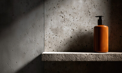 Container Bottle in modern bathroom with concrete textıred walls. Product Mockup. Shampoo. Container Bottle.