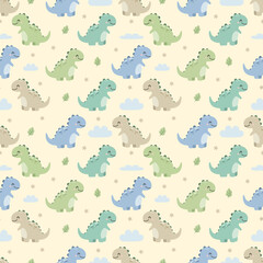 Fototapeta premium Hand-drawn style dinosaur pattern with clouds, stars, and leaves. Soft pastel colors ideal for baby bedding, children's apparel, and nursery wallpaper.