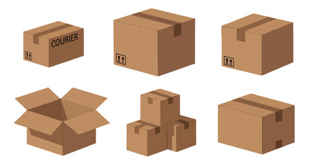 Fototapeta premium Isometric brown cardboard delivery boxes sealed with tape one open with courier text and shipping symbols.
