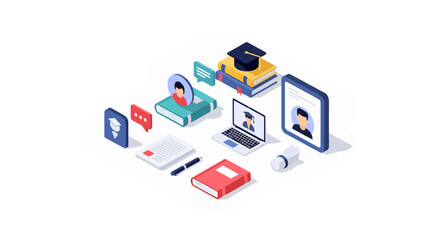 Isometric elearning concept with books laptop graduation cap diploma and student profiles flat design.