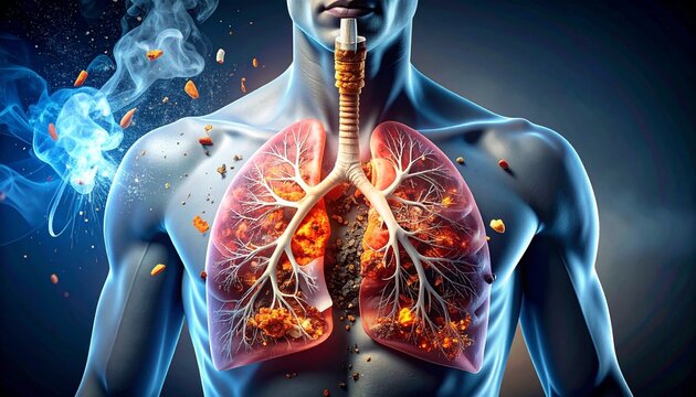 Digital illustration of human upper torso highlighting respiratory system with vibrant lungs and trachea, broken cigarette dispersing tobacco and ash symbolizing smoking damage.