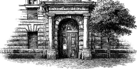 Naklejka premium Symmetrical vintage architectural doorway with botanical elements – retro design for prints