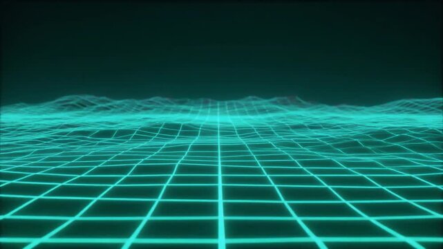 Teal glow grid active distortion waves digital flickers high frequency motion futuristic cinematic surreal ethereal ambience cascading softly glowing abstract unique style