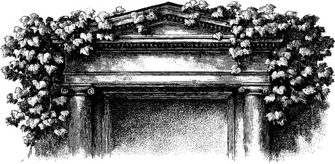 Naklejka premium Vintage botanical architectural facade with ivy and minimal geometric details