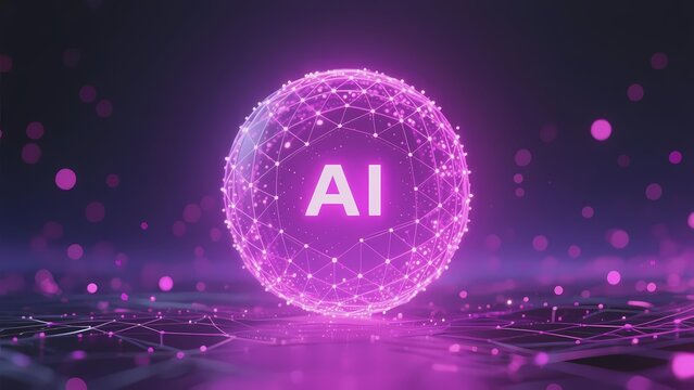 A glowing purple sphere with AI text, surrounded by a network of connected dots and lines on a dark background.