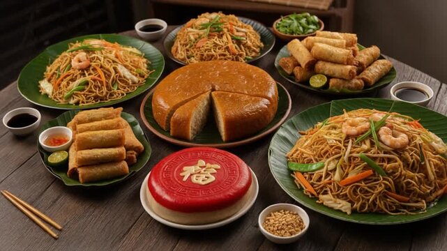 A lavish Chinese New Year banquet with noodles, spring rolls, rice cake, and festive red decorations arranged for family celebration.
