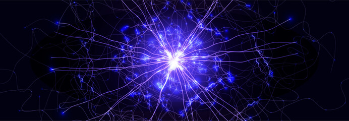 Neuron Firing Human Brain Neural Network Innovate Science Technology Background. Medical Neurology Bio Tech Scientific Research Banner Flash Glow Fractal. Blue AI Digital Net. Vector Illustration