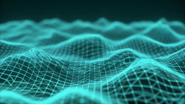 Soft turquoise mesh wave gently rising peaks valleys clean geometric futuristic cinematic surreal ethereal ambience cascading softly glowing abstract unique style