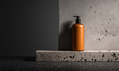 Container Bottle in modern bathroom with concrete textıred walls. Product Mockup. Shampoo. Container Bottle.