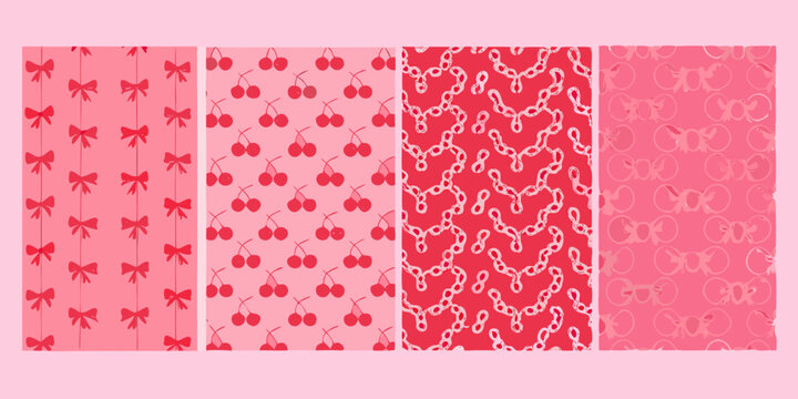 Four panels display repeating patterns of butterflies and cherries in pink
