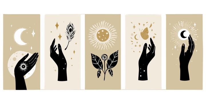 Mystical hands reaching towards celestial and botanical elements in beige panels