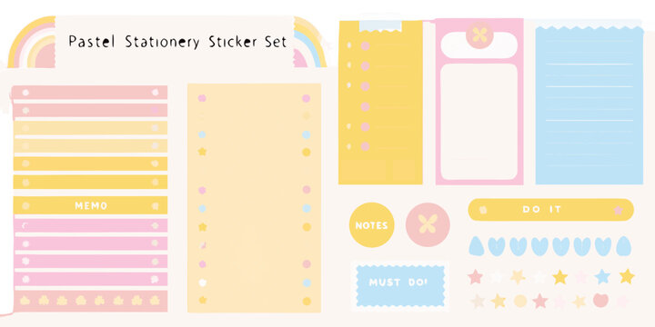 Pastel stationery sticker set with notes flags and decorative elements