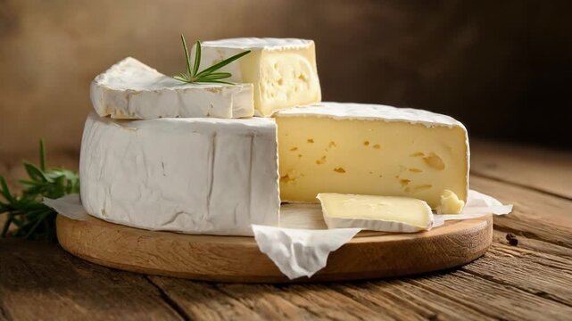 Soft white brie cheese rounds garnished with fresh herbs on a wooden board