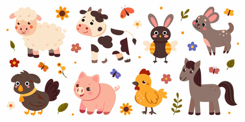 Obraz premium A colorful collection of cartoon farm animals and floral elements
