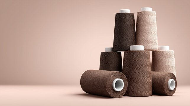 Stack of brown and beige sewing thread spools arranged on pastel background with soft studio lighting and minimal shadows. Concept of textile production and handmade crafts