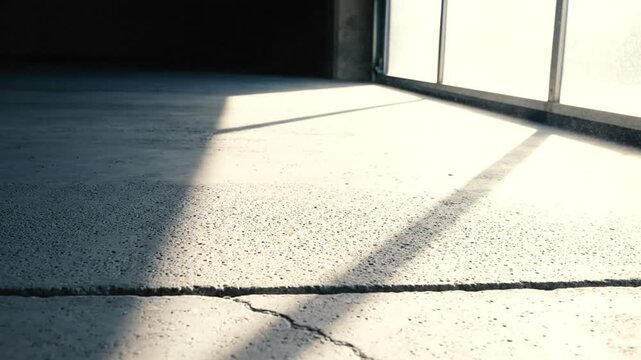 Sunlight streaming through a window across a textured concrete floor, creating shadows and dust particles.