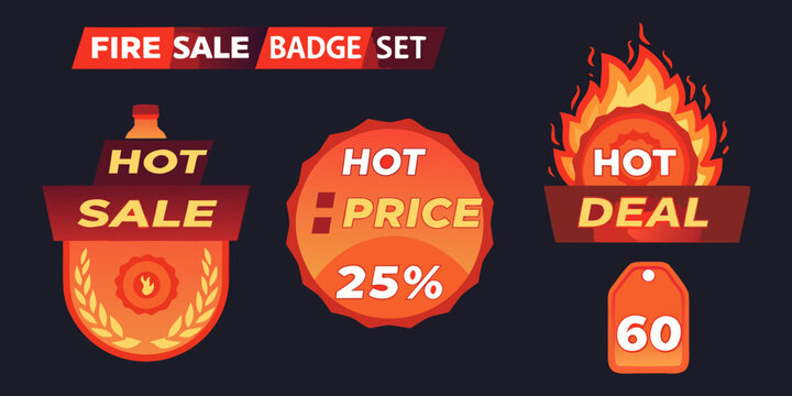 Fire sale badge set with hot price discounts and percentage offers
