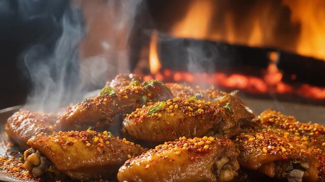 Hot roasted chicken wings with spices served fresh from oven near fireplace, representing comfort food, home cooking, and warm cozy winter dining atmosphere.