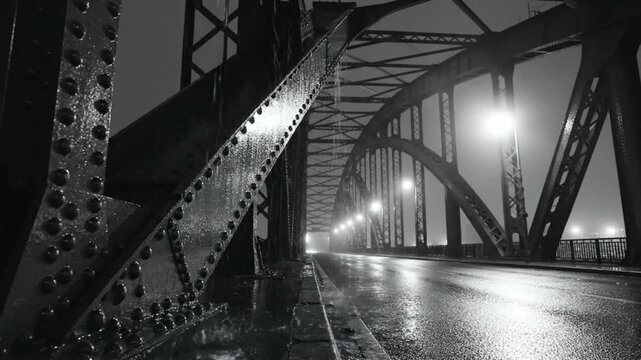 Rain-soaked steel bridge at night with reflective road and distant lights in monochrome