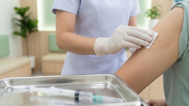 cleaning with alcohol swab in preparation for injection into the patient's arm.