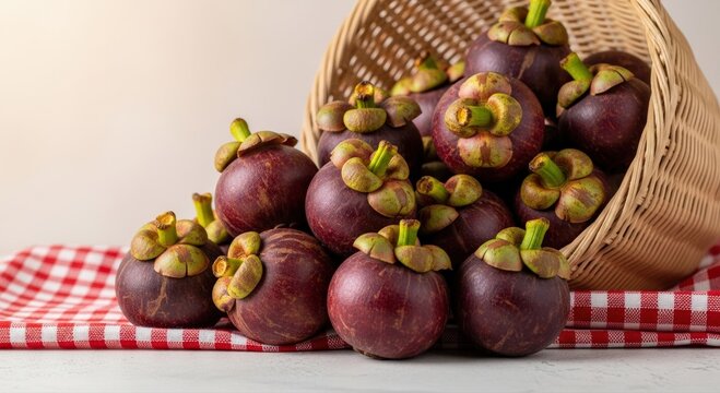 Bountiful longkong mangosteens overflow from a rustic woven basket, resting on a picnic-style red and white checkered cloth