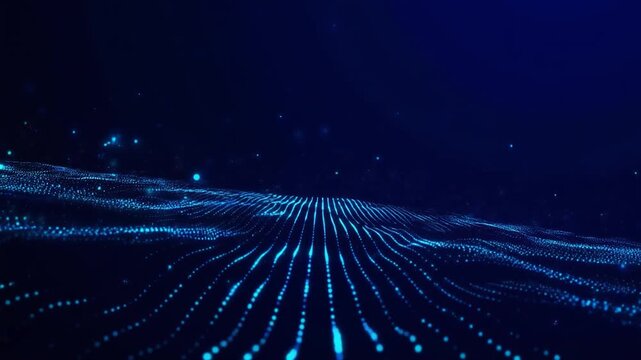 Sparse scattering neon blue micro particles drifting slow arcs quiet atmospheric futuristic cinematic surreal ethereal ambience cascading softly glowing abstract unique style variation four