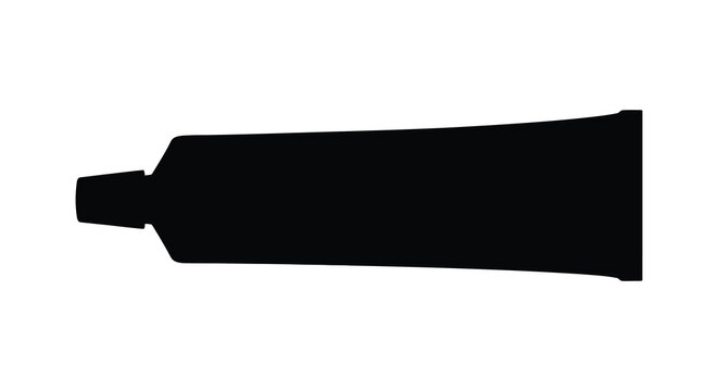 A stark black silhouette of a tube of toothpaste lies horizontally against a plain white background creating a minimalist silhouette