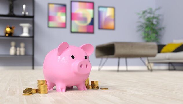 une tirelire cochon rose pos&eacute;e sur le sol dans un salon, concept d'&eacute;conomie sur le logement ou les factures de la maison - rendu 3D