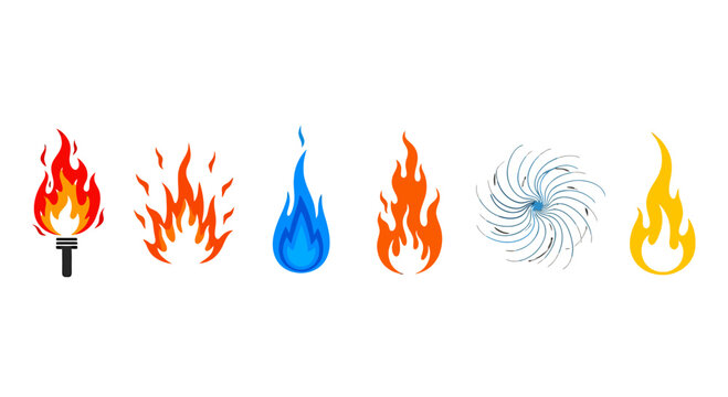 Colorful vector fire and flame icons set featuring a torch various stylized red orange blue and yellow flames and a swirling element.