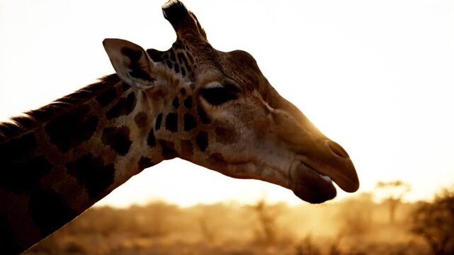 Graceful giraffe head silhouette against warm golden sunset landscape, wildlife scene