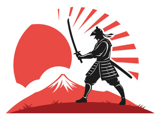 Vector isolated on transparent bg samurai warrior with rising sun background