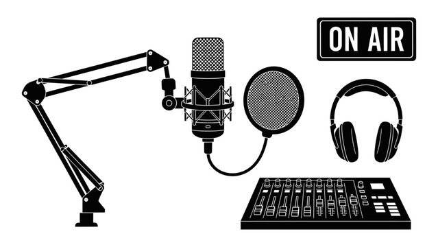 Professional podcasting setup with microphone, mixer, and headphones