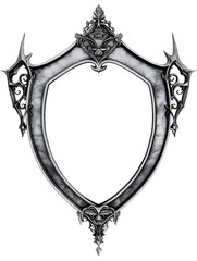 Obraz premium Ornate gothic silver shield frame with intricate scrollwork and sharp points, isolated on black background for design elements