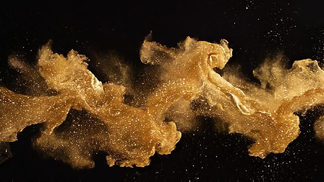 Dramatic studio shot of shiny golden metallic pigment powder exploding and flowing over a black background.