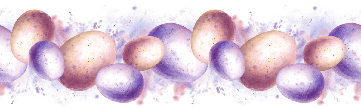 Seamless border of painted eggs on a background of splashes of paint. Watercolor illustration with pink and purple Easter eggs on an isolated background. A festive banner for Easter decoration.